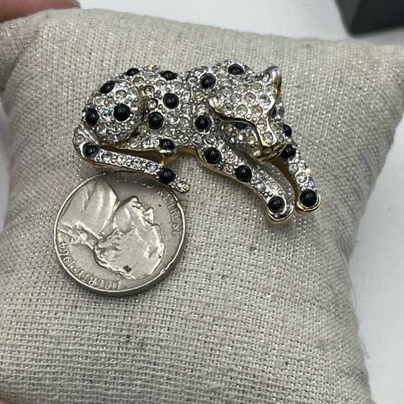 Panther Silver Gold Tone Rhinestones Black Cabochons Green Eye Brooch - Picture 11 of 16